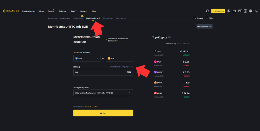 Screenshot of the Auto-Invest / Recurring Buy interface on Binance