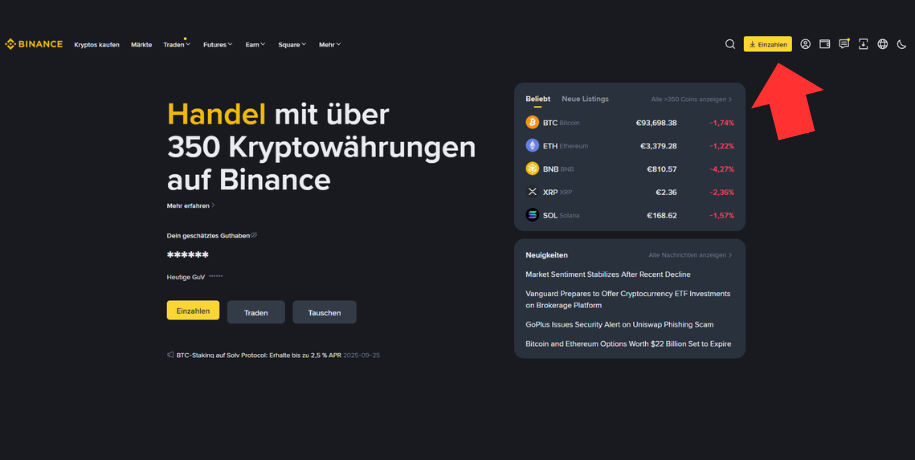 Screenshot of Binance, pointing to the Deposit button
