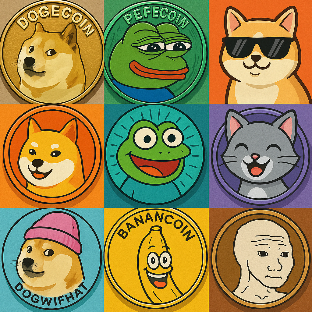Eine Collage aus verschiedenen Memecoin-Logos